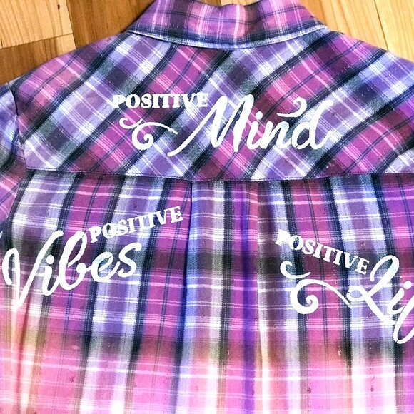 Girl's Bleached Painted Shirt, Size 14: Upcycled Inspirational Purple Plaid Top - Picture 5 of 9